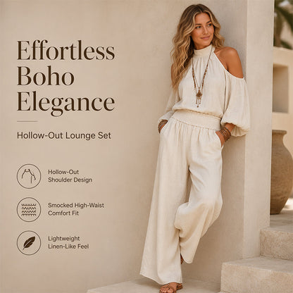 🎉 KORLÁTOZOTT IDEIG 50% KEDVEZMÉNY! 🌸 Női vállkivágásos, nyakba akasztható felső és széles szárú nadrág szett – Boho elegancia & lenvászon-szerű légáteresztő képesség ✨