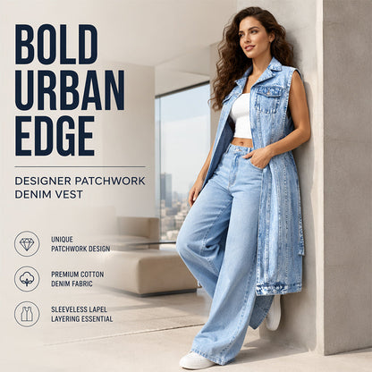 🧥Női ujjatlan, magas hasítékos farmer mellény ruha – Patchwork hosszú vonalú farmer mellény ✨