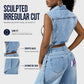 🧥Női ujjatlan, magas hasítékos farmer mellény ruha – Patchwork hosszú vonalú farmer mellény ✨