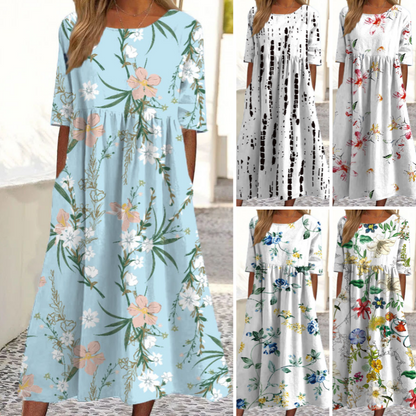 👗🌸Elegáns, virágmintás női ruha, kerek nyakkivágással és hosszú ujjúval