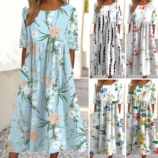 👗🌸Elegáns, virágmintás női ruha, kerek nyakkivágással és hosszú ujjúval