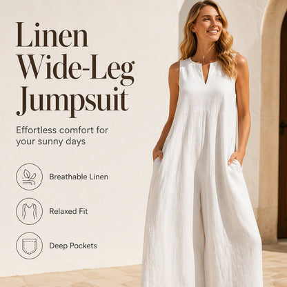 ☀️Női ujjatlan V-nyakú széles szárú jumpsuit zsebekkel – Könnyed elegancia zsebekkel a mindennapi stílushoz🤍