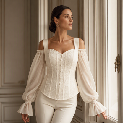 ✨ Női vállkivágásos virágos jacquard felső – Elegáns fűzőszabású, romantikus lámpásujjakkal 🌸
