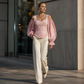 ✨ Női vállkivágásos virágos jacquard felső – Elegáns fűzőszabású, romantikus lámpásujjakkal 🌸